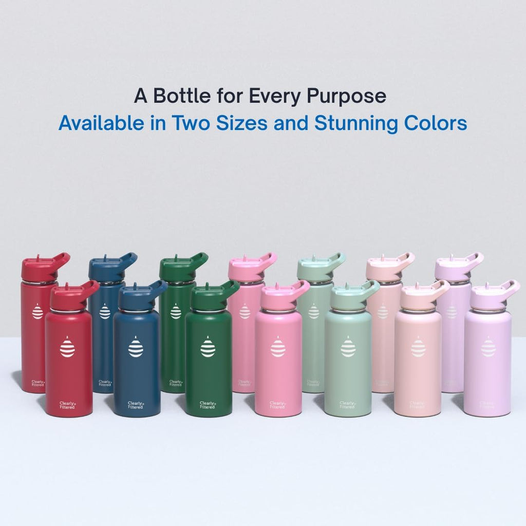 Clearly Filtered Water Bottle | Removes 200+ Contaminants, Double-Wall Insulated Stainless Steel, BPA/BPS Free, Phthalate Free, Filters Flouride Lead Chlorine (32oz, Crimson)