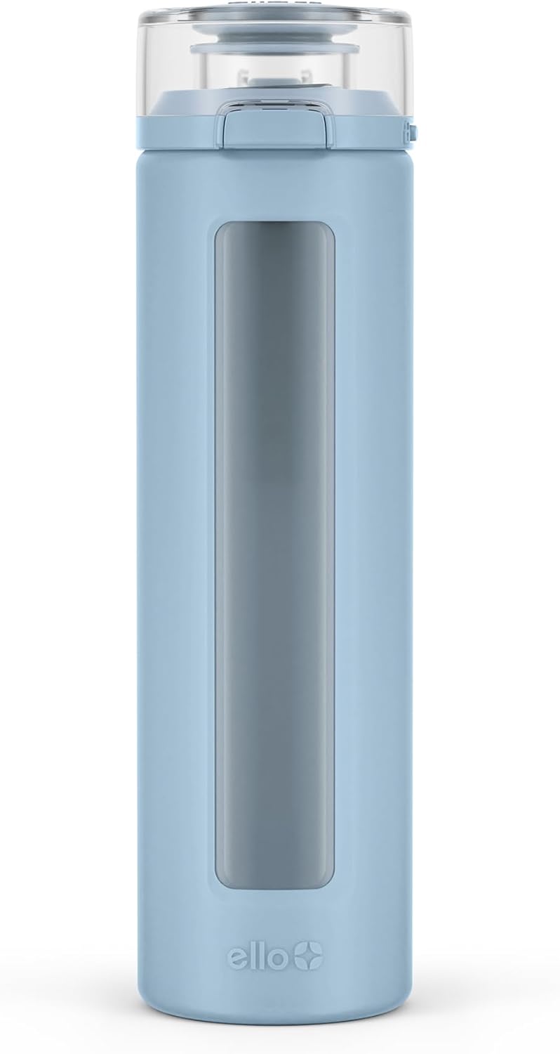 Ello Syndicate 20oz Reusable Glass Water Bottle with One-Touch Leak Proof Flip Lid, Protective Non-Slip Silicone Sleeve, Carry Loop for Coffee, Tea and Water, BPA-free, Dishwasher Safe, Tech Blue