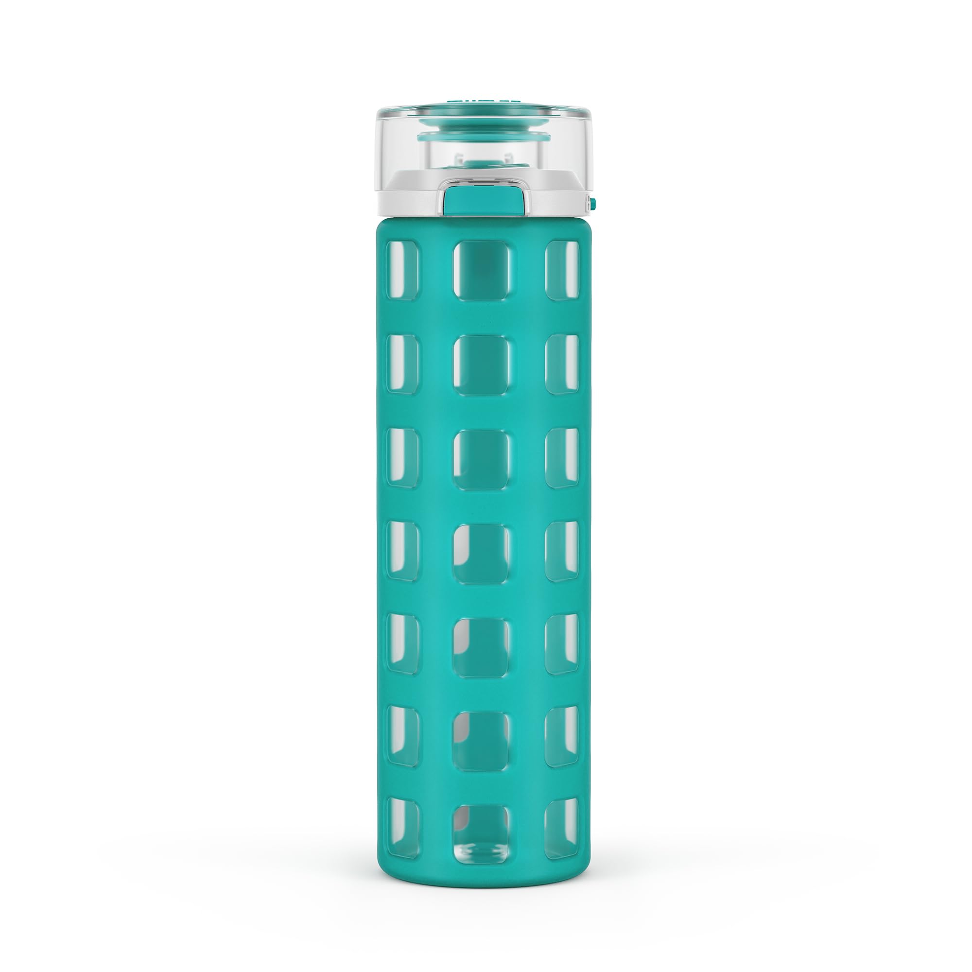 Ello Syndicate 20oz Reusable Glass Water Bottle with One-Touch Leak Proof Flip Lid, Protective Non-Slip Silicone Sleeve, Carry Loop for Coffee, Tea and Water, BPA-free, Dishwasher Safe, Tech Blue