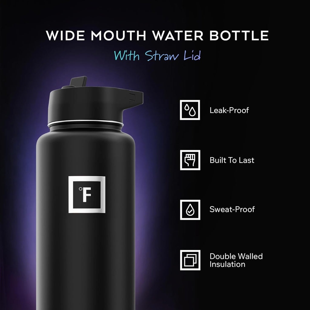 IRON °FLASK Camping & Hiking Hydration Flask with Straw, Wide Mouth Insulated Stainless Steel Sports Water Bottle - 40 oz Blue Waves
