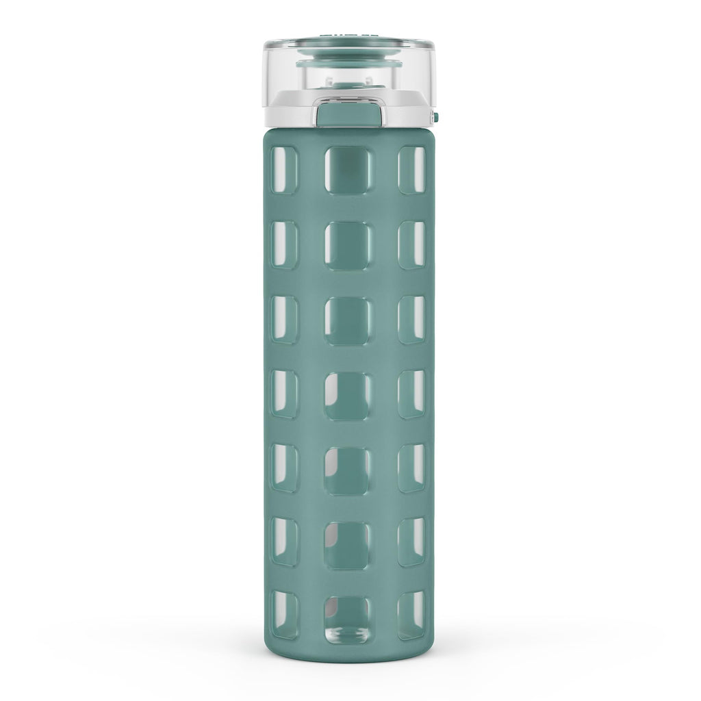 Ello Syndicate 20oz Reusable Glass Water Bottle with One-Touch Leak Proof Flip Lid, Protective Non-Slip Silicone Sleeve, Carry Loop for Coffee, Tea and Water, BPA-free, Dishwasher Safe, Tech Blue