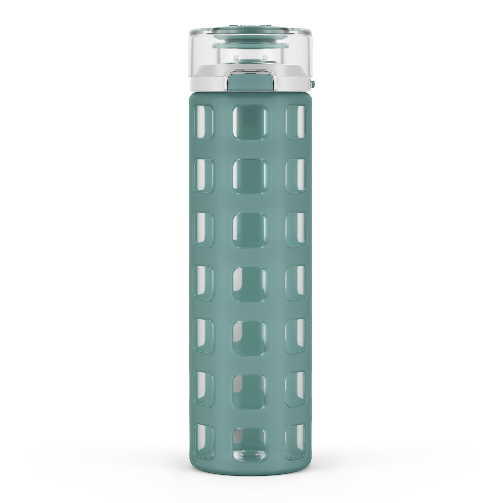 Ello Syndicate 20oz Reusable Glass Water Bottle with One-Touch Leak Proof Flip Lid, Protective Non-Slip Silicone Sleeve, Carry Loop for Coffee, Tea and Water, BPA-free, Dishwasher Safe, Tech Blue