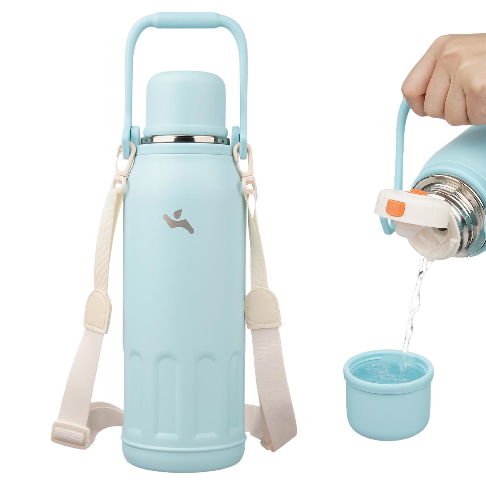 Insulated Water Bottle with Handle and Strap,Vacuum Travel Tumbler with Cup Lid,Thermo Coffee Cup for Hot Cold Drinks 27 OZ,Blue Haze
