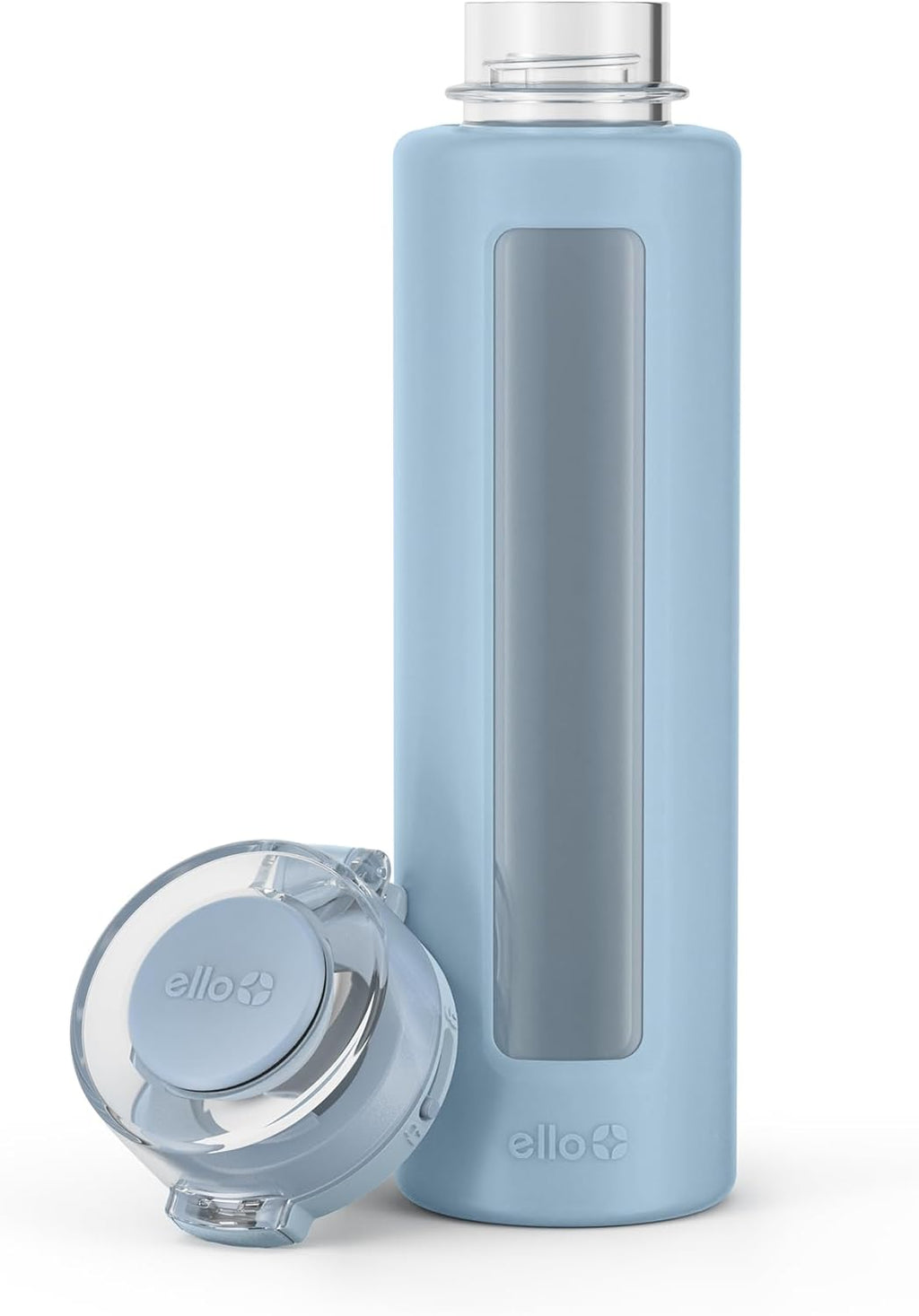 Ello Syndicate 20oz Reusable Glass Water Bottle with One-Touch Leak Proof Flip Lid, Protective Non-Slip Silicone Sleeve, Carry Loop for Coffee, Tea and Water, BPA-free, Dishwasher Safe, Tech Blue