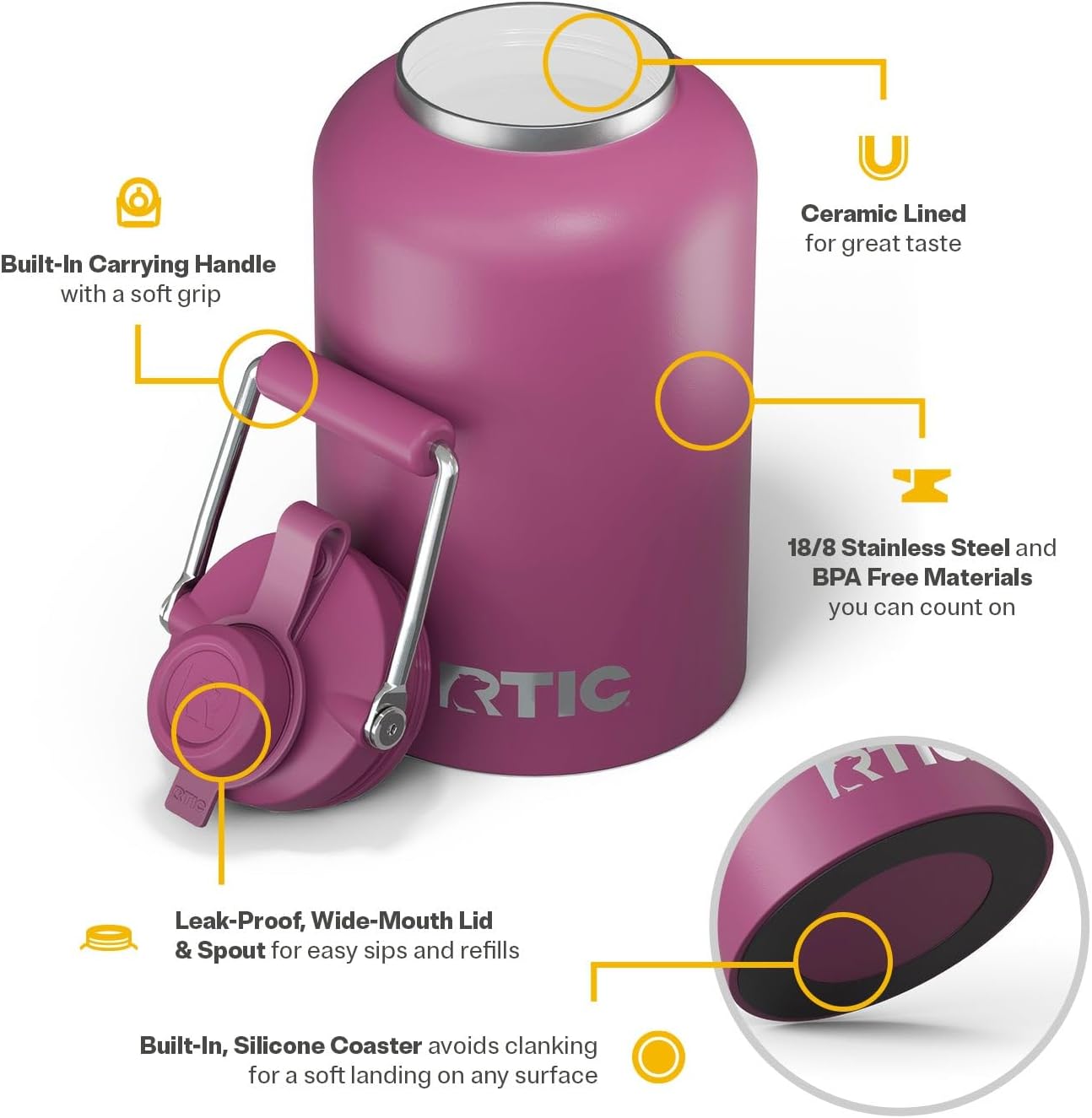 RTIC 1 Gallon Outback Jug, Stainless Steel, Ceramic Lined Insulated Water Bottle with Lid and Handle, BPA-Free, Double Wall Vacuum Insulation, Orchid