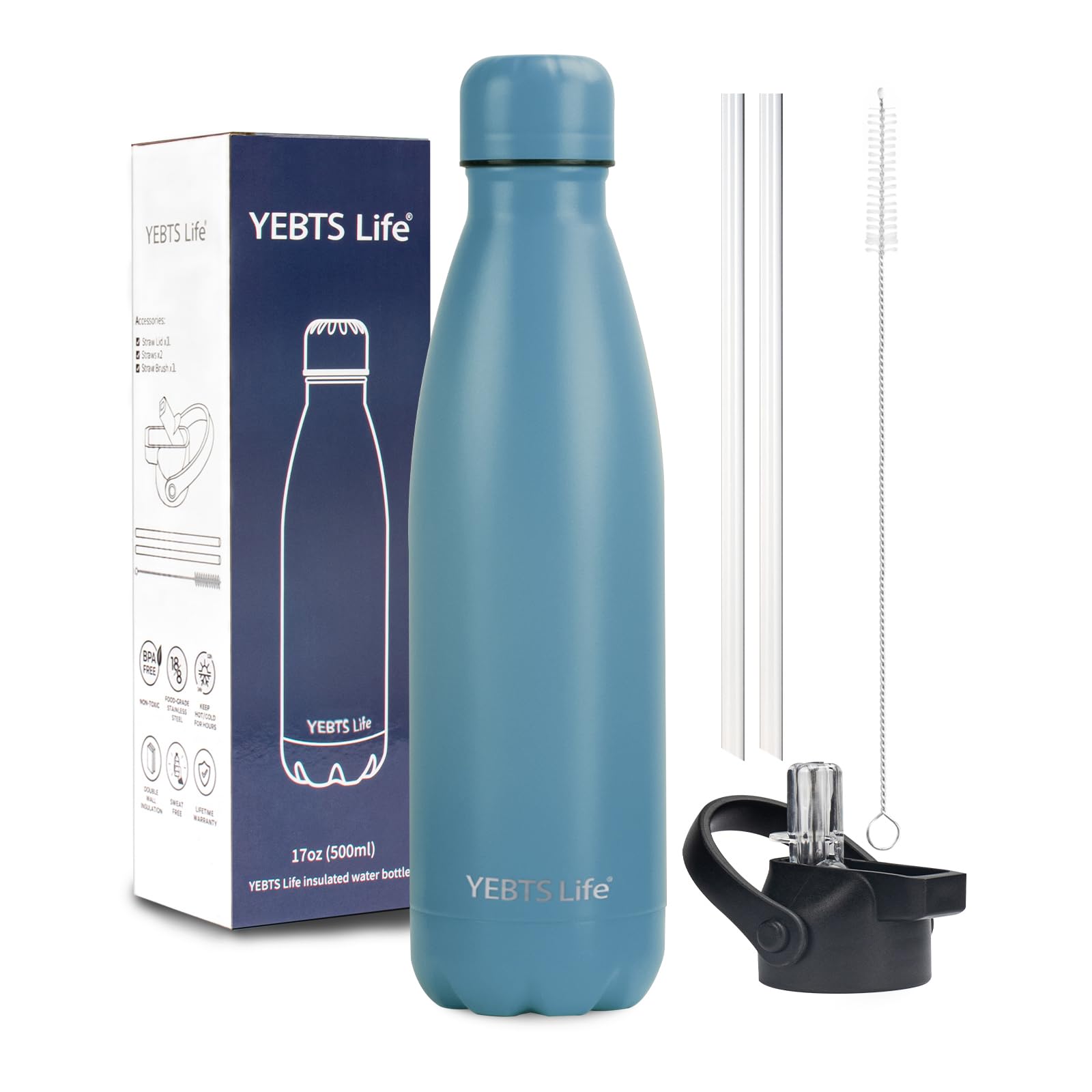 Insulated Water Bottle,12oz Stainless Steel Water Bottles with straw lid,Metal Sports Water Bottles for Boys,Girls,Double Wall Vacuum BPA-Free Flask for School, Sports & Travel-Sliver