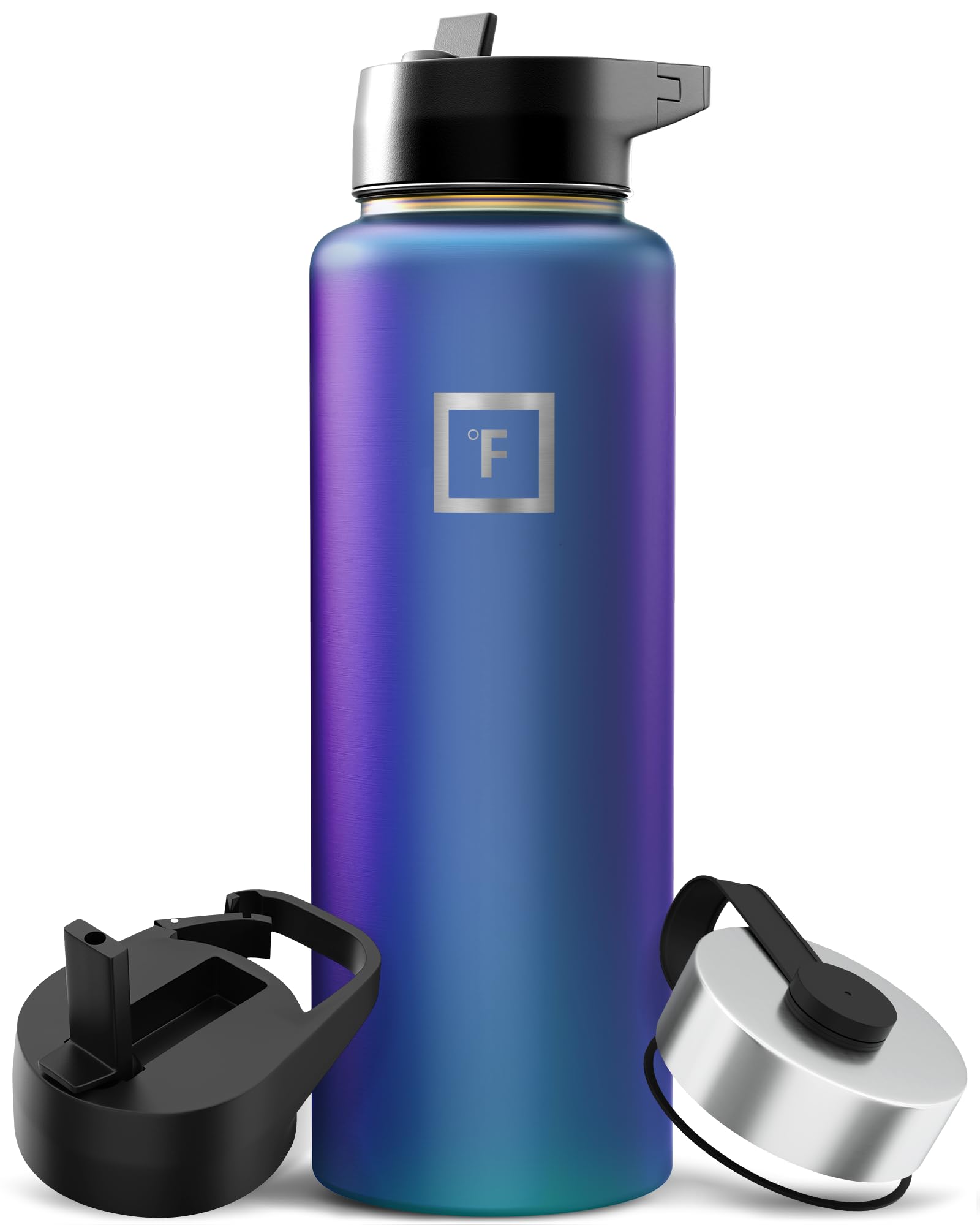 IRON °FLASK Camping & Hiking Hydration Flask with Straw, Wide Mouth Insulated Stainless Steel Sports Water Bottle - 40 oz Blue Waves