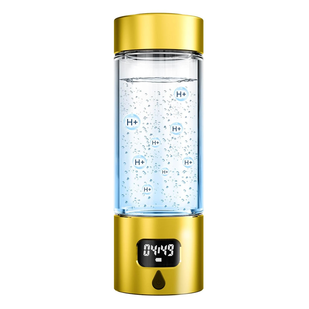 Hydrogen Water Bottle - Portable Rechargeable Water Bottle with LED Timer, Aluminum and Glass, 5000 PPB Hydrogen Production, Gift for Husband Wife Father Friend Client (Gold, 11.6Oz)