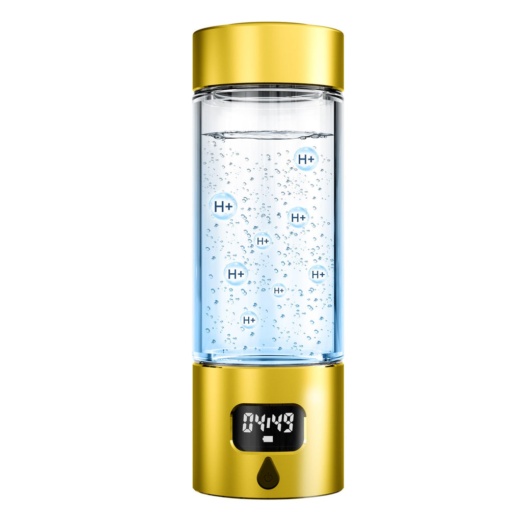 Hydrogen Water Bottle - Portable Rechargeable Water Bottle with LED Timer, Aluminum and Glass, 5000 PPB Hydrogen Production, Gift for Husband Wife Father Friend Client (Gold, 11.6Oz)