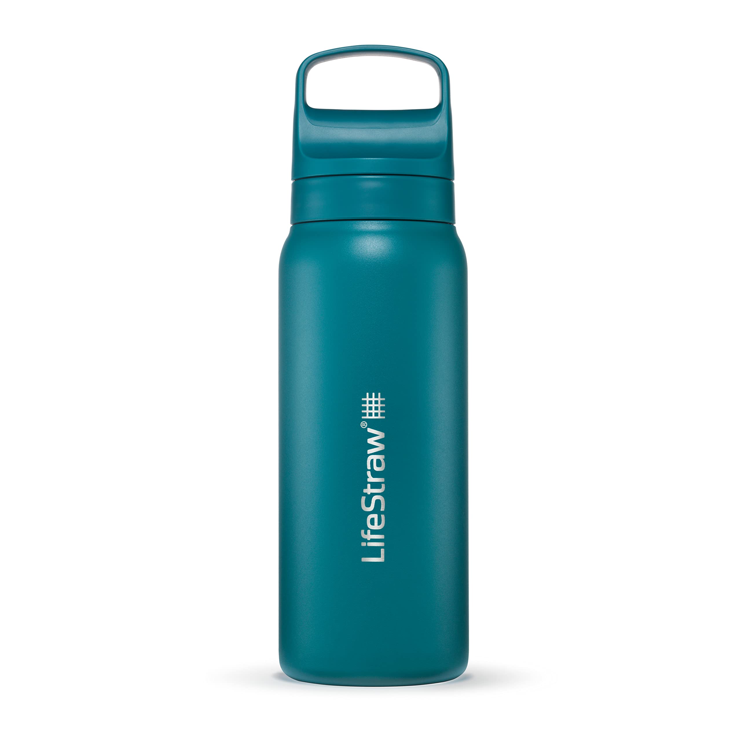 LifeStraw Go Series – Insulated Stainless Steel Water Filter Bottle for Travel and Everyday Use, Removes Bacteria, Parasites and Microplastics, Improves Taste, 18oz Aegean Sea