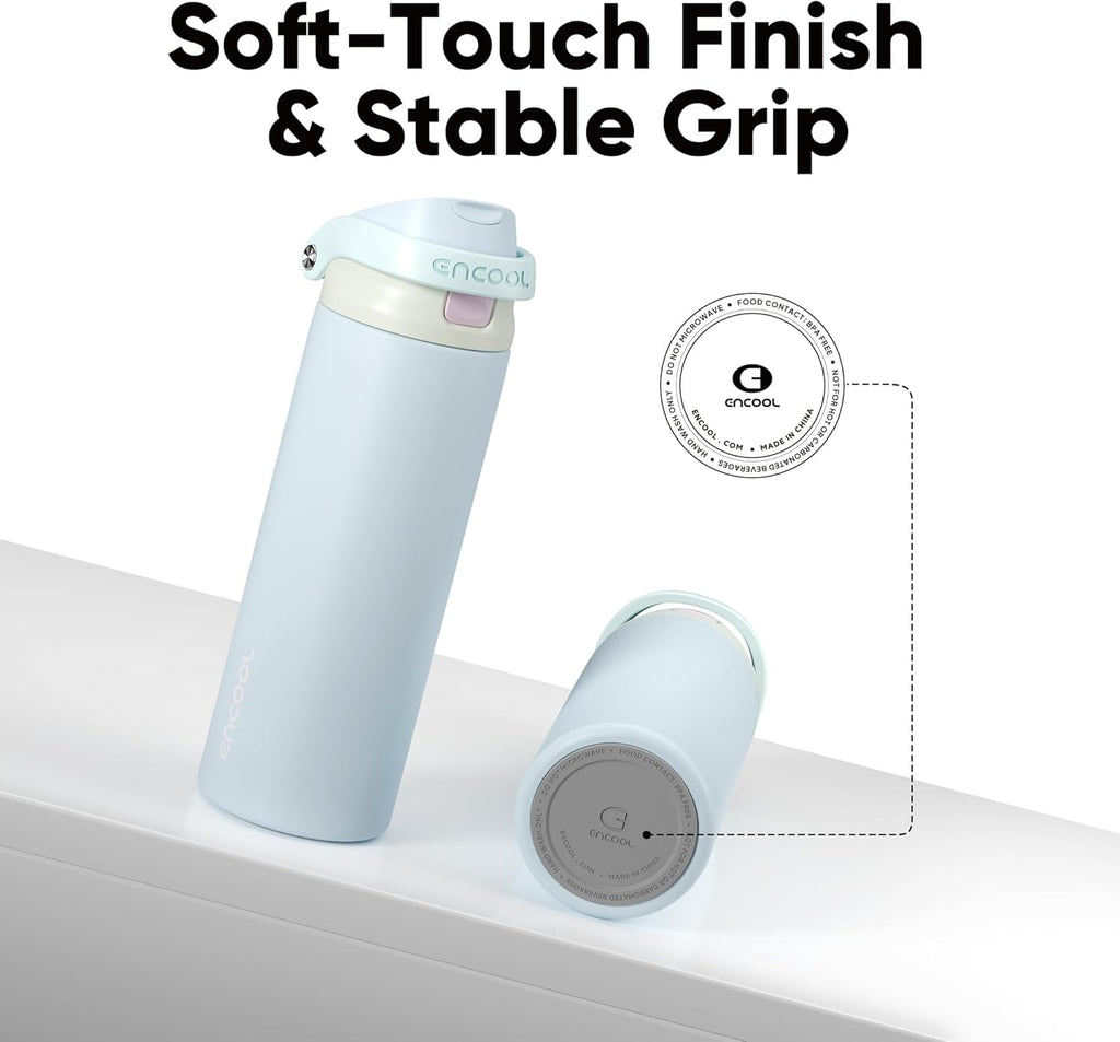 ENCOOL Leakproof Insulated Water Bottle with Straw Dual-Sip Water Bottle Bag-Safe Design for Work, Commute & Gym – Keeps Drinks Cold All Day, 24 oz, Powder Blue