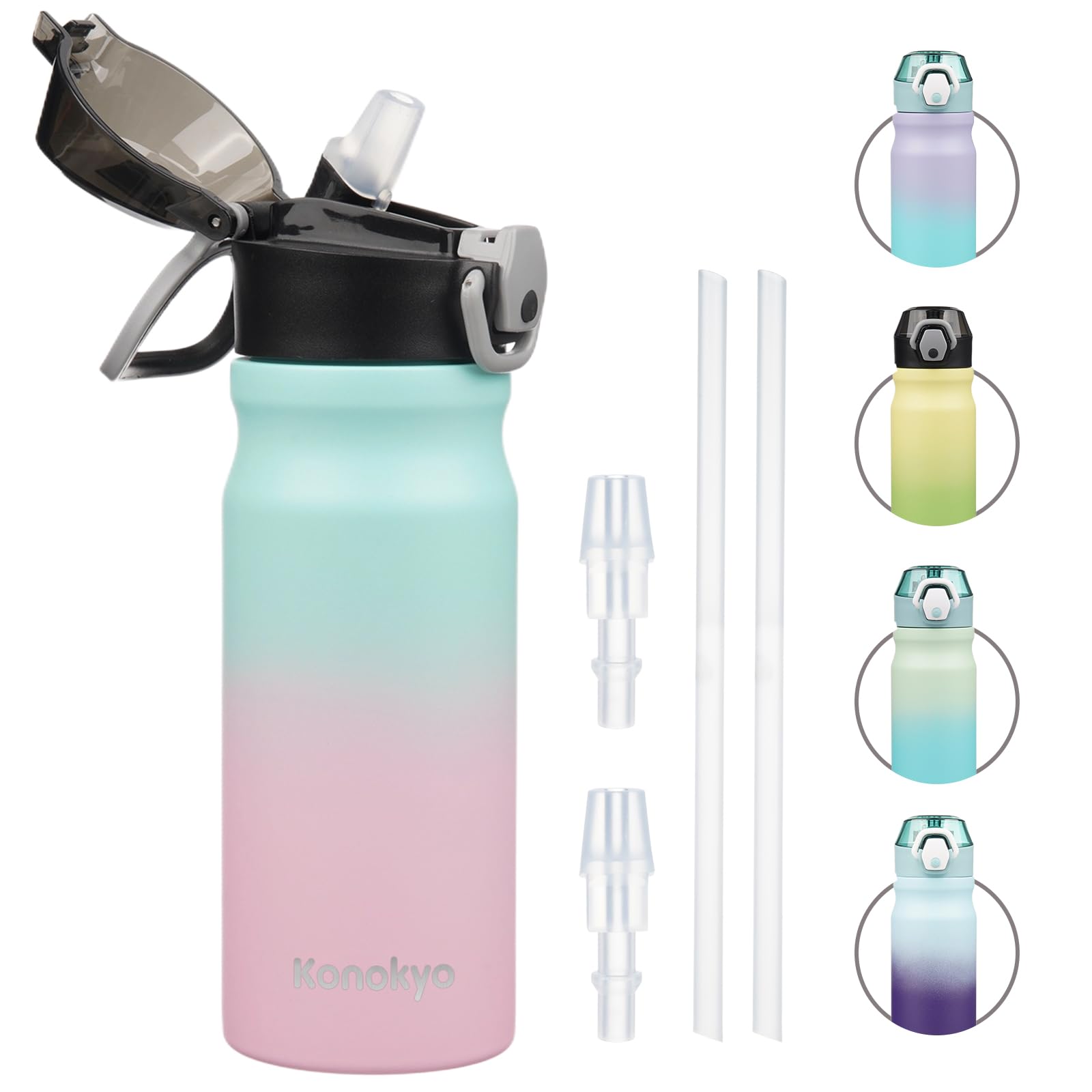 Insulated Water Bottle with Straw and Carry Loop,18 oz Stainless Steel Double Wall Vaccum Metal Water Flask with Leak-proof Lid,Rainbow