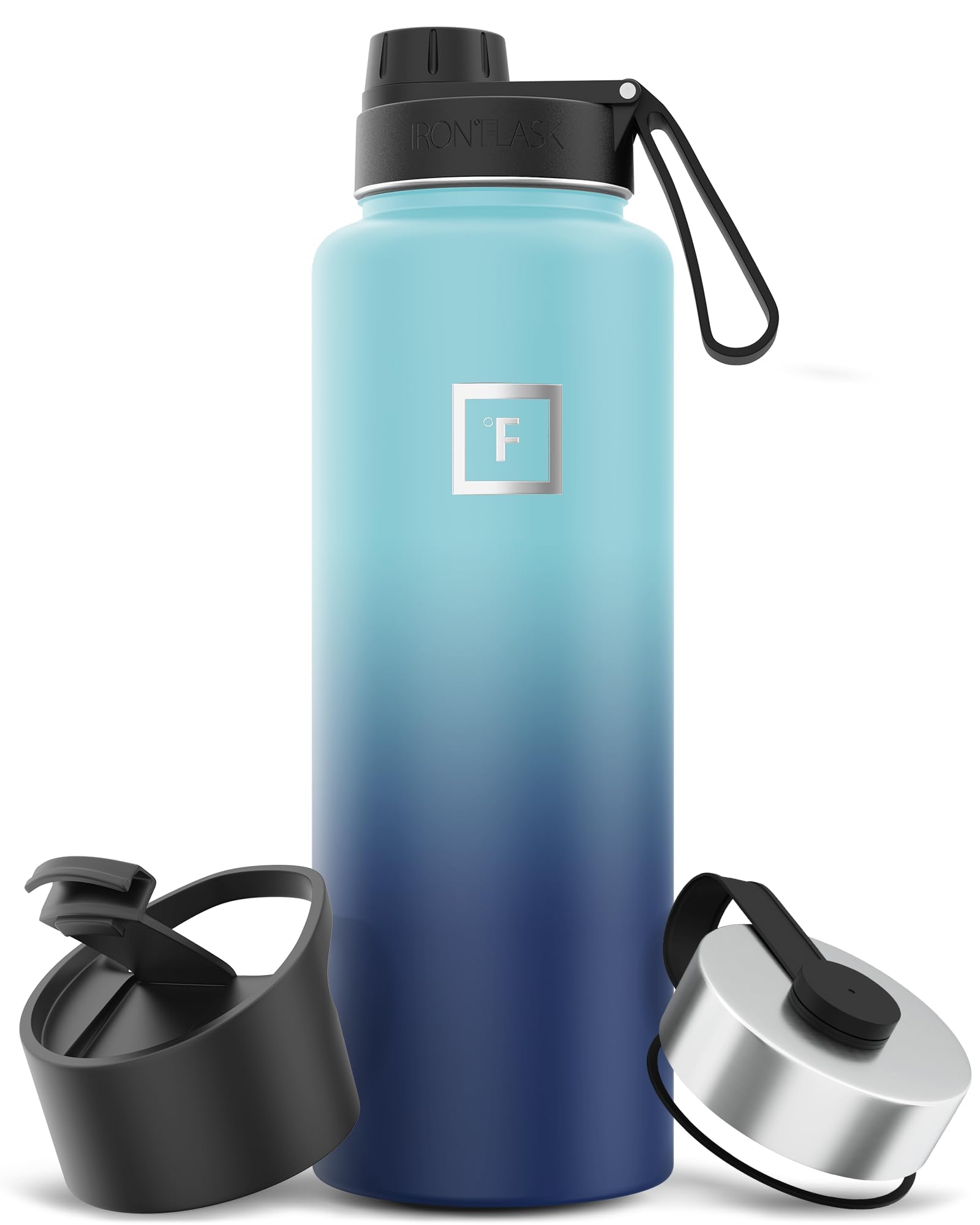 IRON °FLASK Camping & Hiking Hydration Flask with Straw, Wide Mouth Insulated Stainless Steel Sports Water Bottle - 40 oz Blue Waves