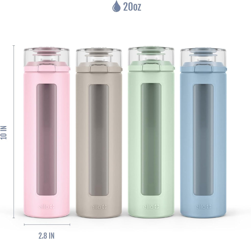 Ello Syndicate 20oz Reusable Glass Water Bottle with One-Touch Leak Proof Flip Lid, Protective Non-Slip Silicone Sleeve, Carry Loop for Coffee, Tea and Water, BPA-free, Dishwasher Safe, Tech Blue