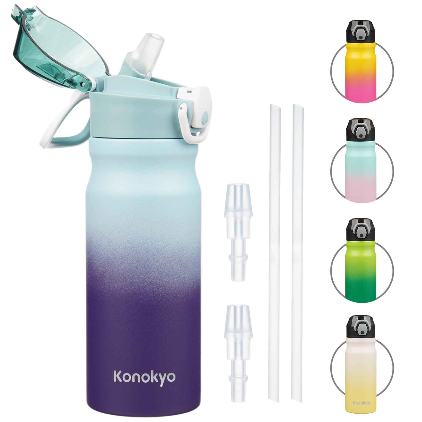 Insulated Water Bottle with Straw and Carry Loop,18 oz Stainless Steel Double Wall Vaccum Metal Water Flask with Leak-proof Lid,Rainbow