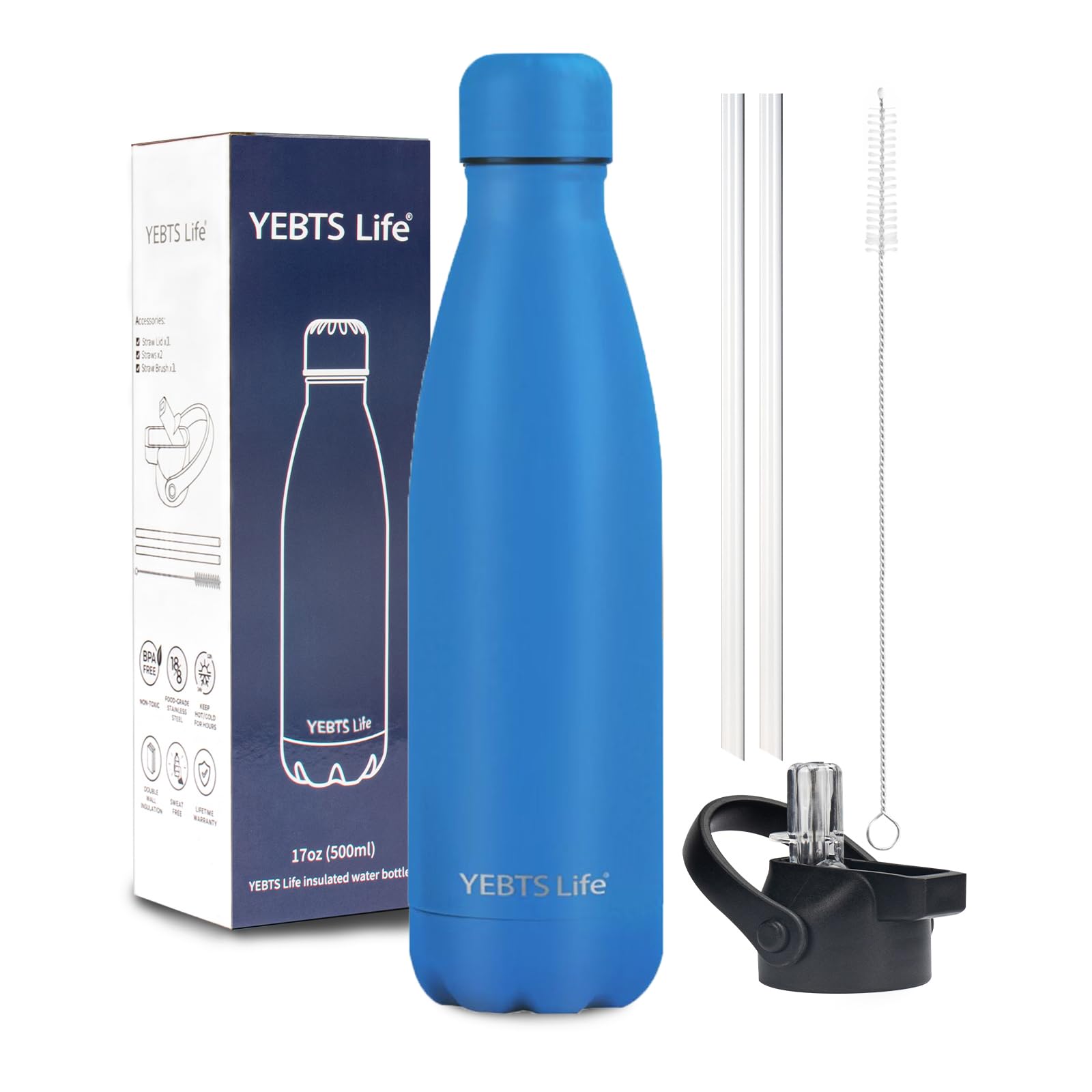 Insulated Water Bottle,12oz Stainless Steel Water Bottles with straw lid,Metal Sports Water Bottles for Boys,Girls,Double Wall Vacuum BPA-Free Flask for School, Sports & Travel-Sliver