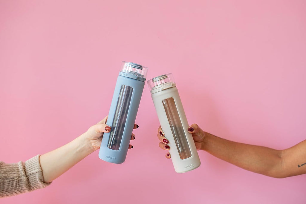 Ello Syndicate 20oz Reusable Glass Water Bottle with One-Touch Leak Proof Flip Lid, Protective Non-Slip Silicone Sleeve, Carry Loop for Coffee, Tea and Water, BPA-free, Dishwasher Safe, Tech Blue
