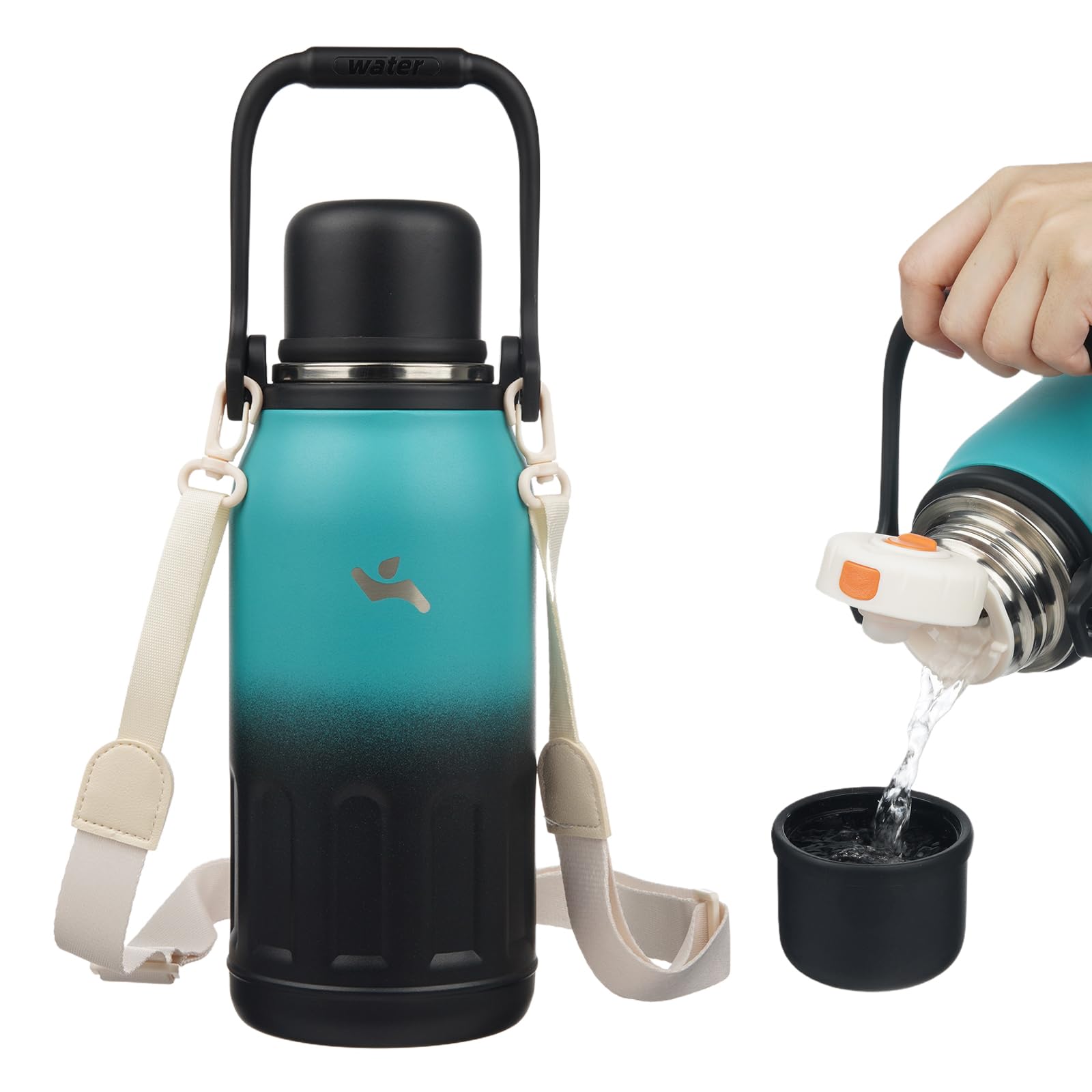 Insulated Water Bottle with Handle and Strap,Vacuum Travel Tumbler with Cup Lid,Thermo Coffee Cup for Hot Cold Drinks 27 OZ,Blue Haze