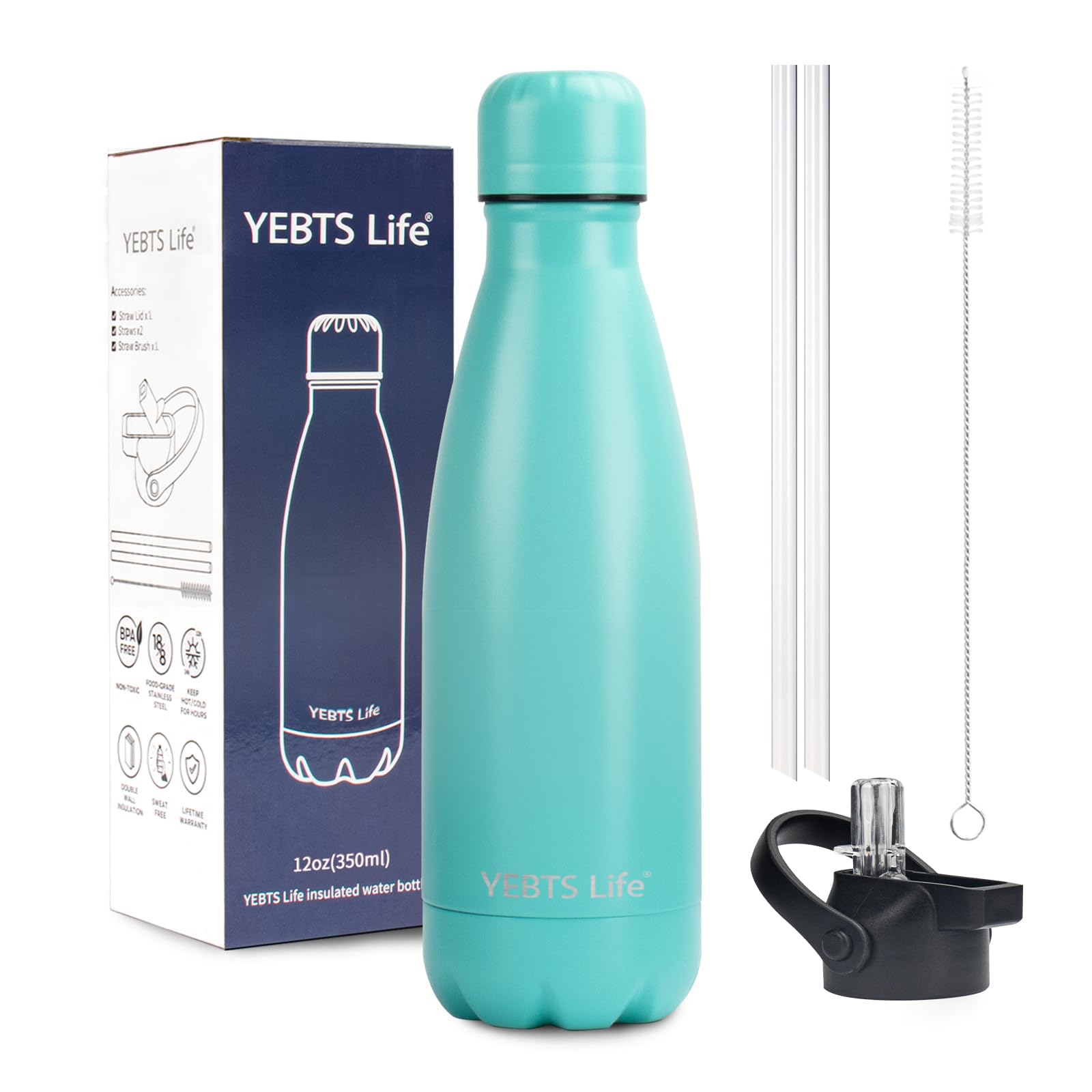 Insulated Water Bottle,12oz Stainless Steel Water Bottles with straw lid,Metal Sports Water Bottles for Boys,Girls,Double Wall Vacuum BPA-Free Flask for School, Sports & Travel-Sliver