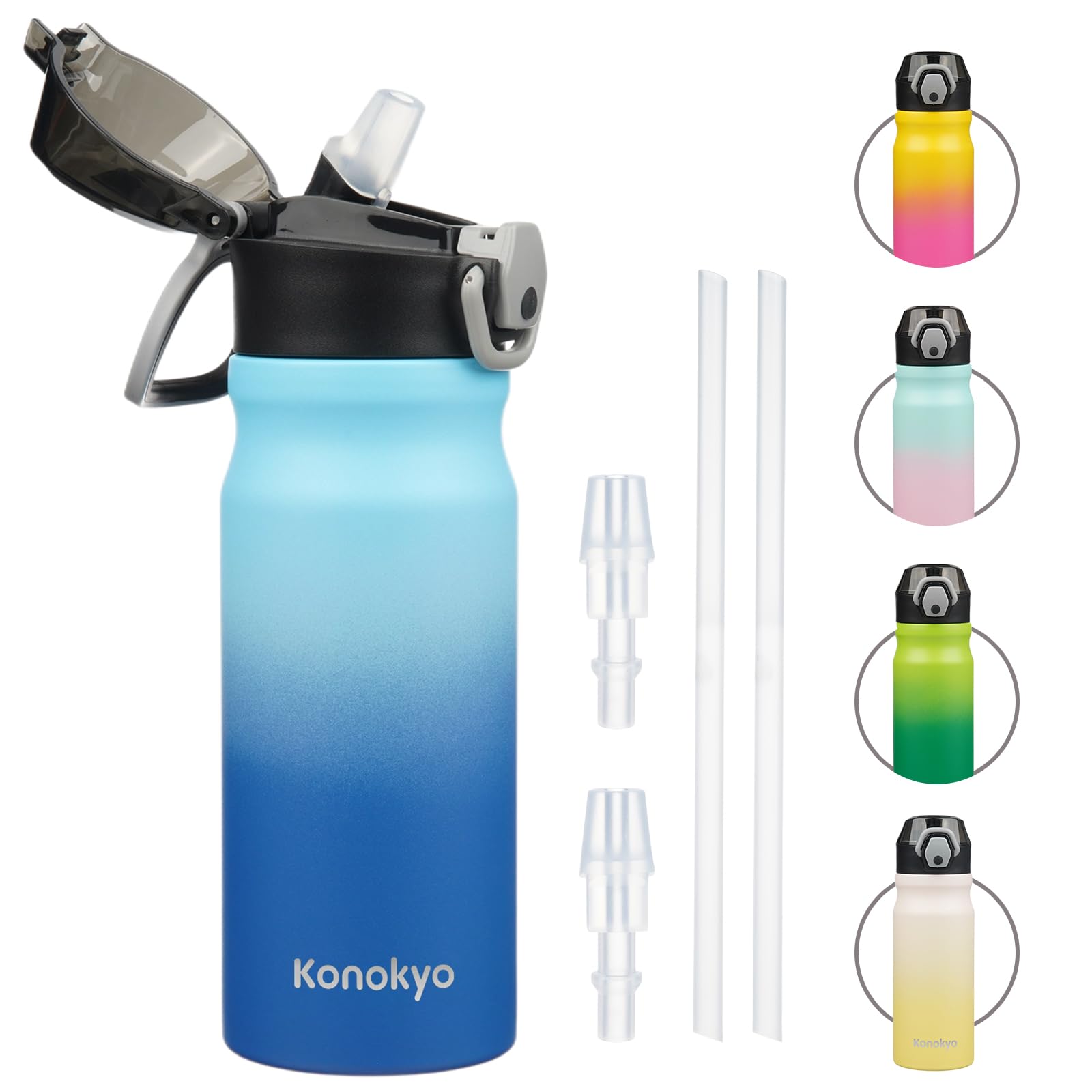Insulated Water Bottle with Straw and Carry Loop,18 oz Stainless Steel Double Wall Vaccum Metal Water Flask with Leak-proof Lid,Rainbow