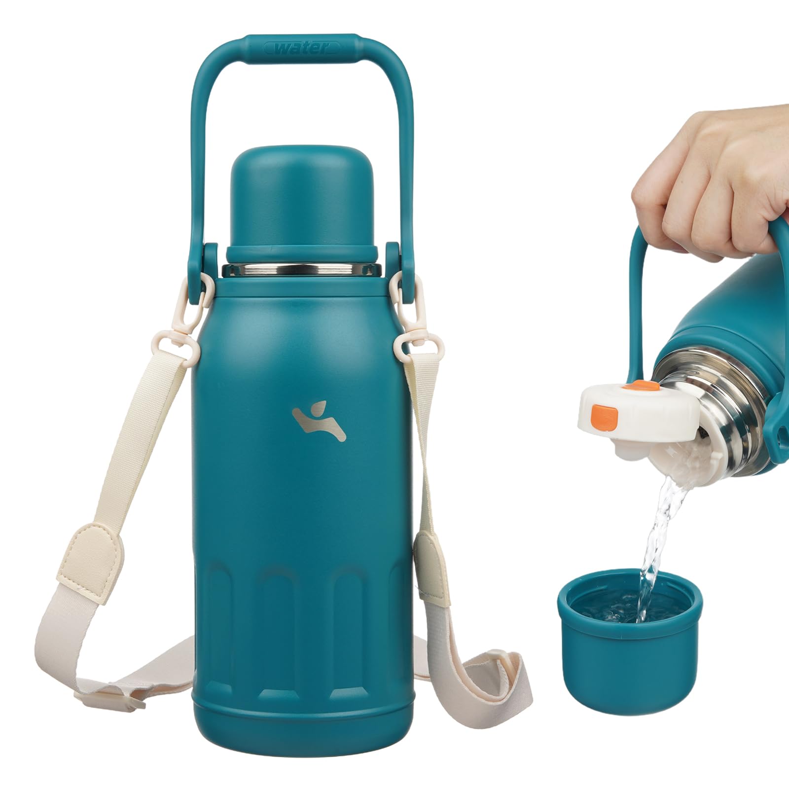 Insulated Water Bottle with Handle and Strap,Vacuum Travel Tumbler with Cup Lid,Thermo Coffee Cup for Hot Cold Drinks 27 OZ,Blue Haze