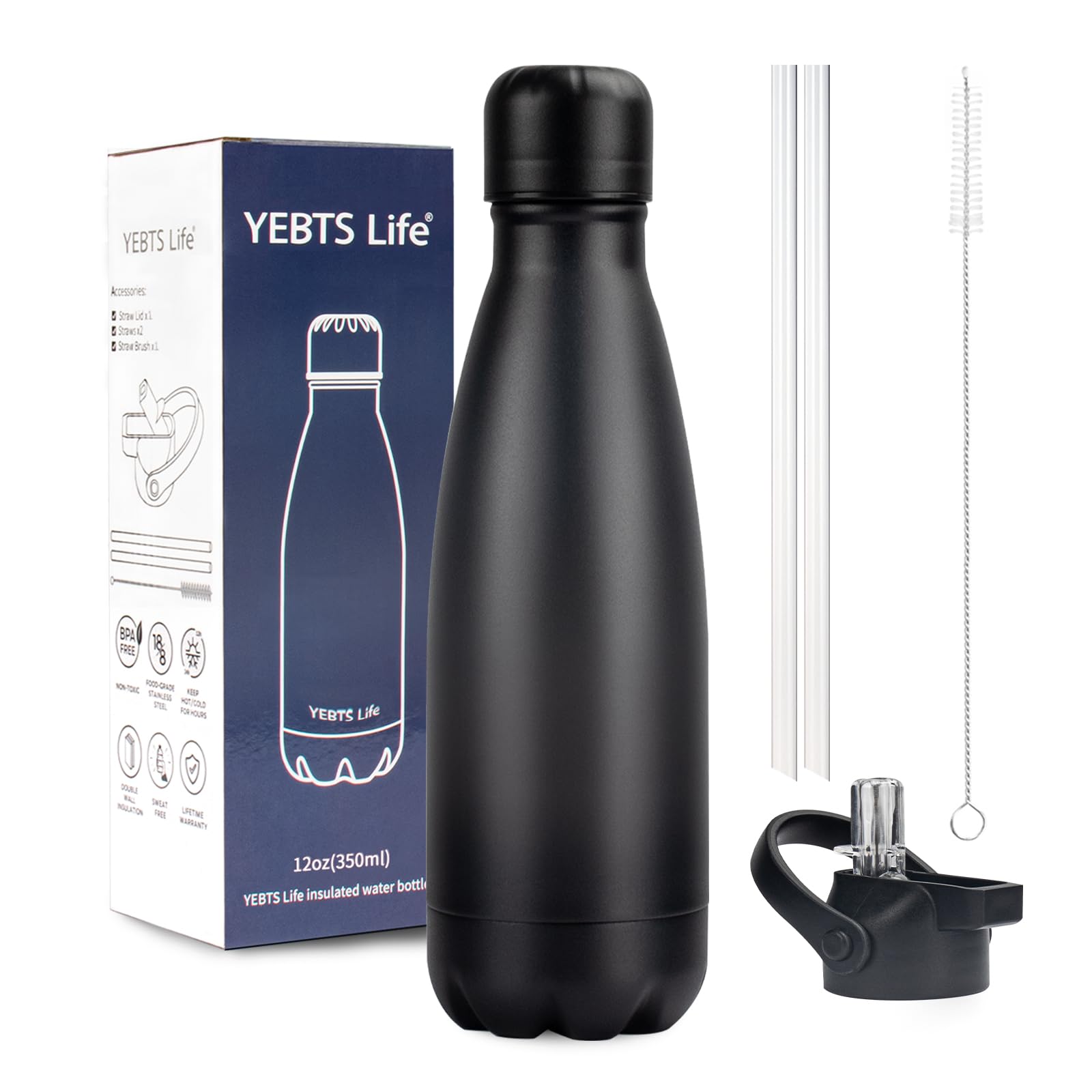 Insulated Water Bottle,12oz Stainless Steel Water Bottles with straw lid,Metal Sports Water Bottles for Boys,Girls,Double Wall Vacuum BPA-Free Flask for School, Sports & Travel-Sliver