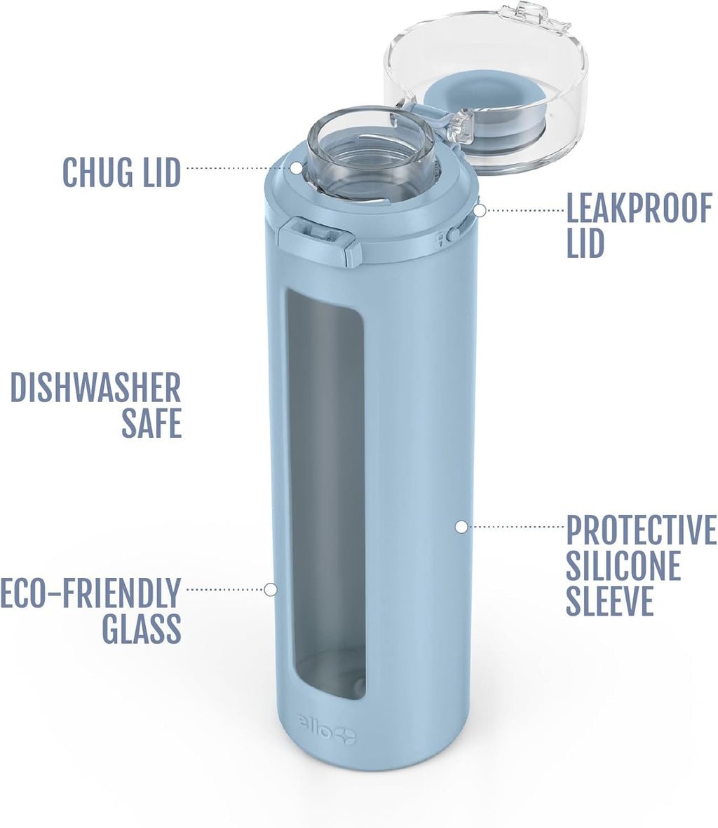 Ello Syndicate 20oz Reusable Glass Water Bottle with One-Touch Leak Proof Flip Lid, Protective Non-Slip Silicone Sleeve, Carry Loop for Coffee, Tea and Water, BPA-free, Dishwasher Safe, Tech Blue