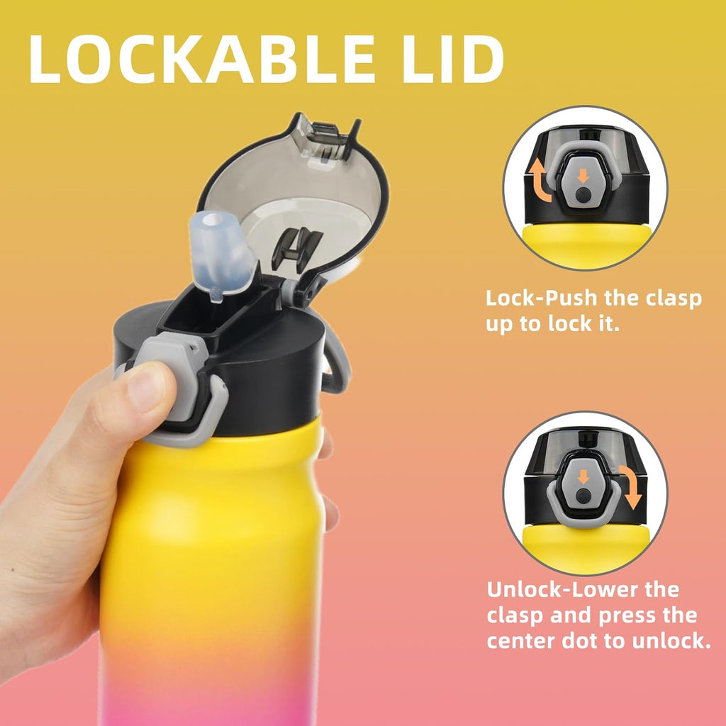 Insulated Water Bottle with Straw and Carry Loop,18 oz Stainless Steel Double Wall Vaccum Metal Water Flask with Leak-proof Lid,Rainbow