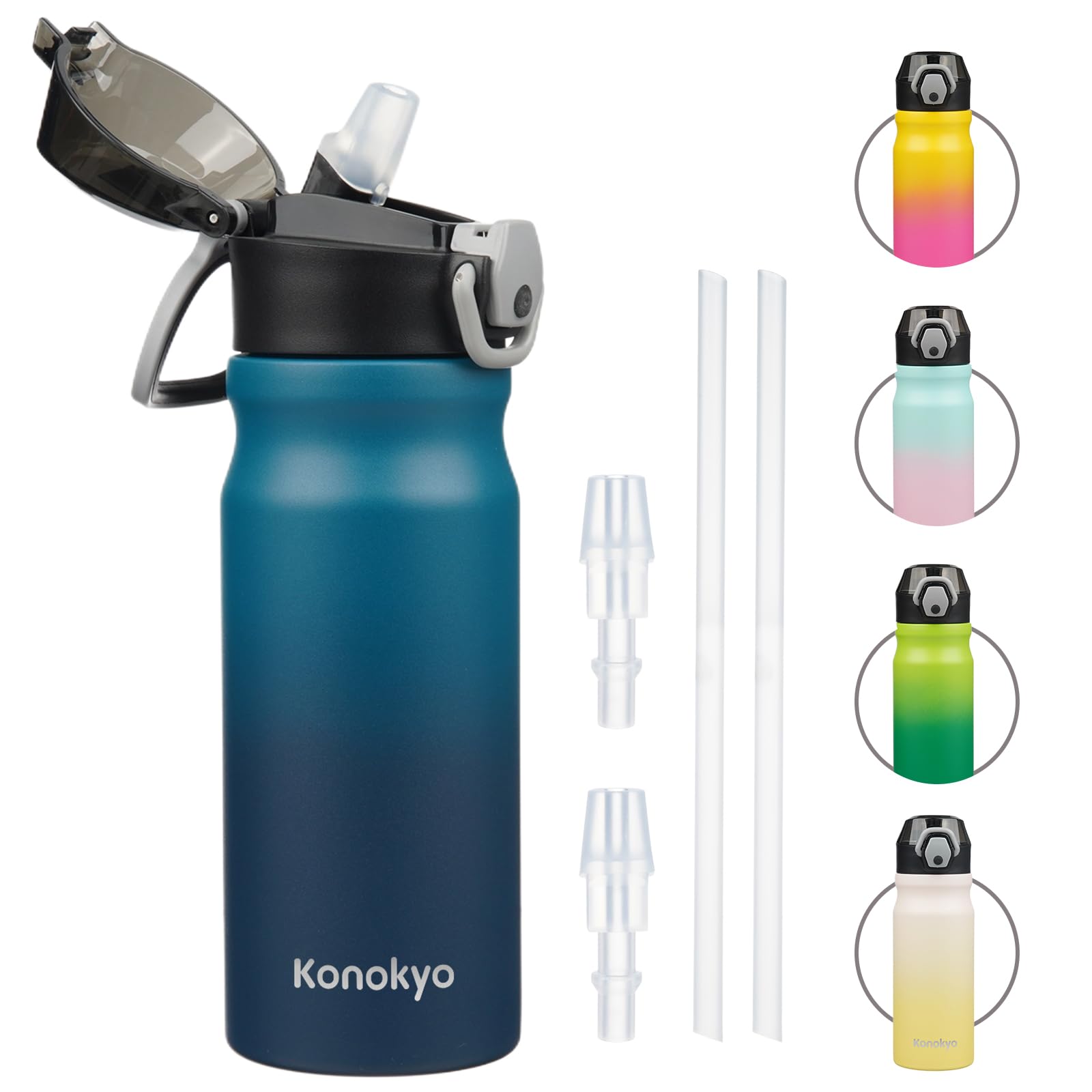 Insulated Water Bottle with Straw and Carry Loop,18 oz Stainless Steel Double Wall Vaccum Metal Water Flask with Leak-proof Lid,Rainbow