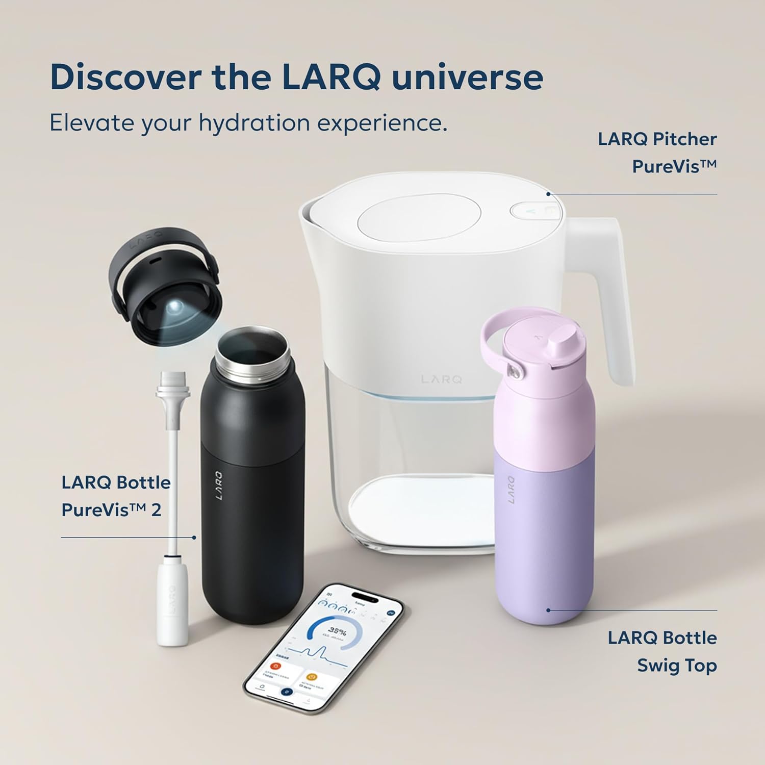 LARQ Bottle Movement Filtered - Lightweight Non-Insulated Stainless Steel Water Bottle BPA Free with Nano Zero Technology and Long-Lasting Filters, White/Pebble, 32oz