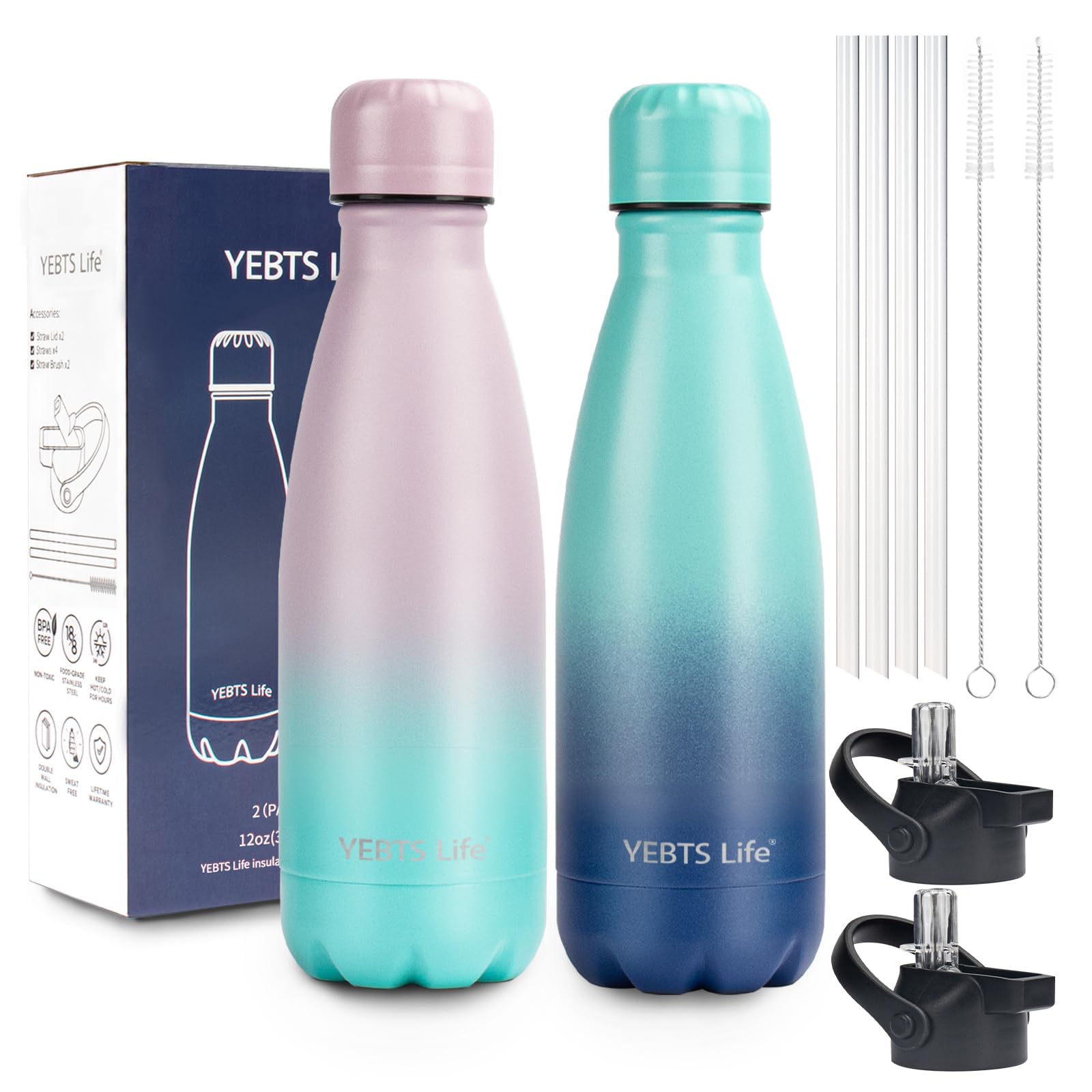 Insulated Water Bottle,12oz Stainless Steel Water Bottles with straw lid,Metal Sports Water Bottles for Boys,Girls,Double Wall Vacuum BPA-Free Flask for School, Sports & Travel-Sliver