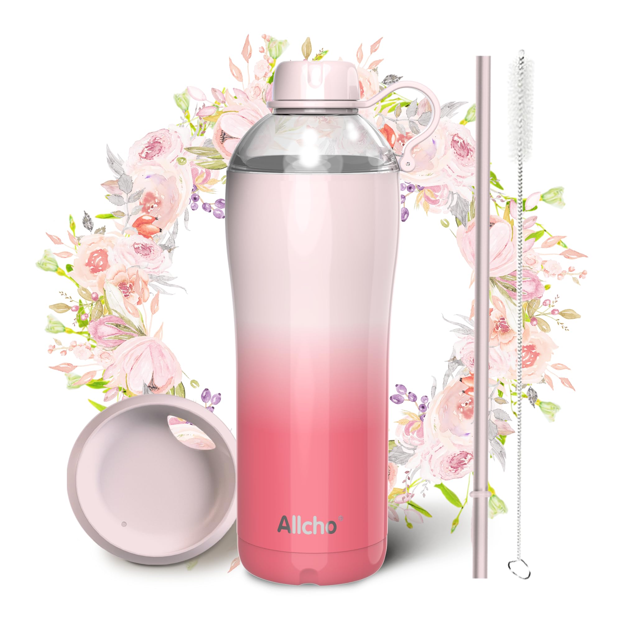 Insulated Water Bottle for Women, 24 oz Stainless Steel Water Bottles, Double Walled, 2 Lids (Chug & Tumbler) - Hydrate & Caffeinate,Available Gift Wrapping