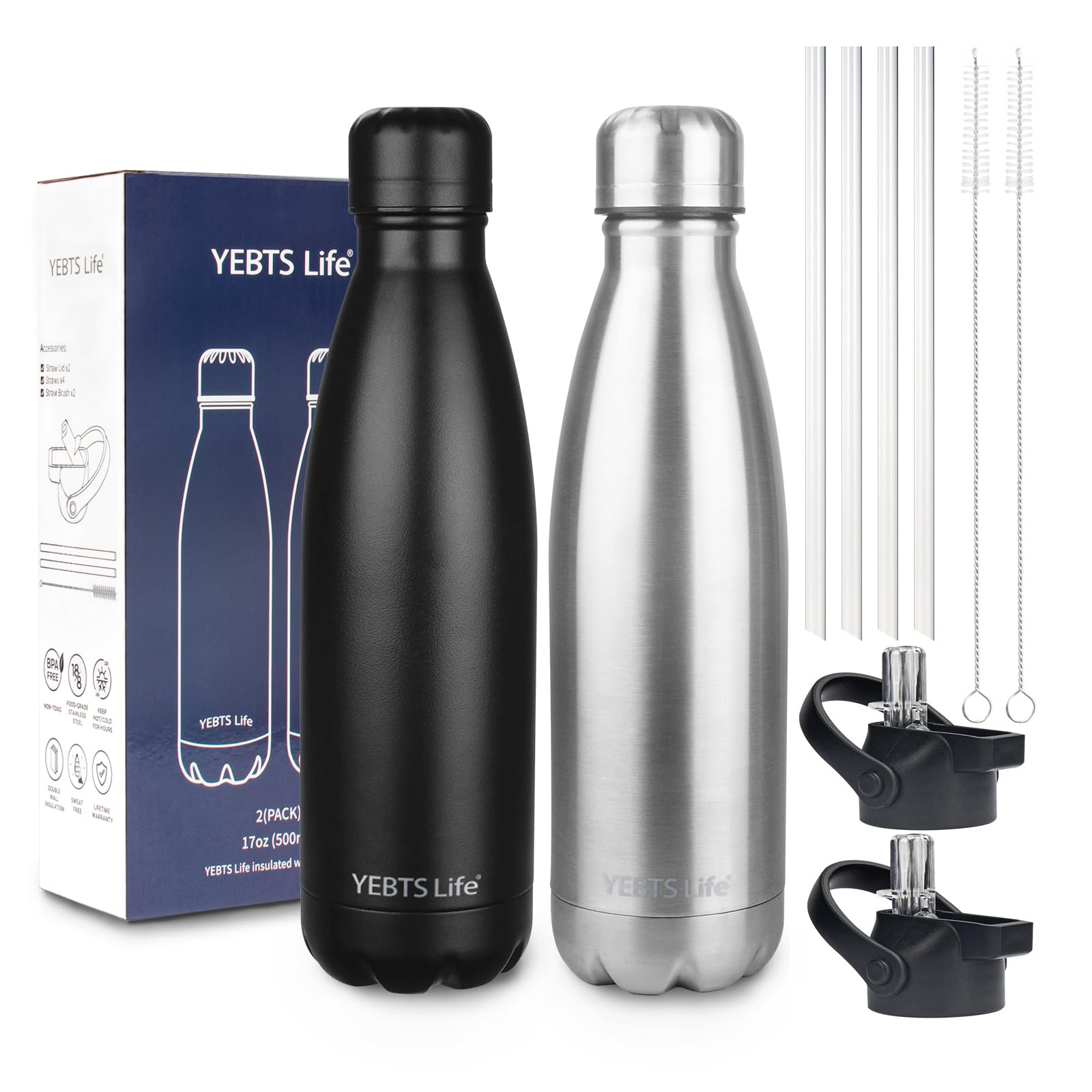 Insulated Water Bottle,12oz Stainless Steel Water Bottles with straw lid,Metal Sports Water Bottles for Boys,Girls,Double Wall Vacuum BPA-Free Flask for School, Sports & Travel-Sliver