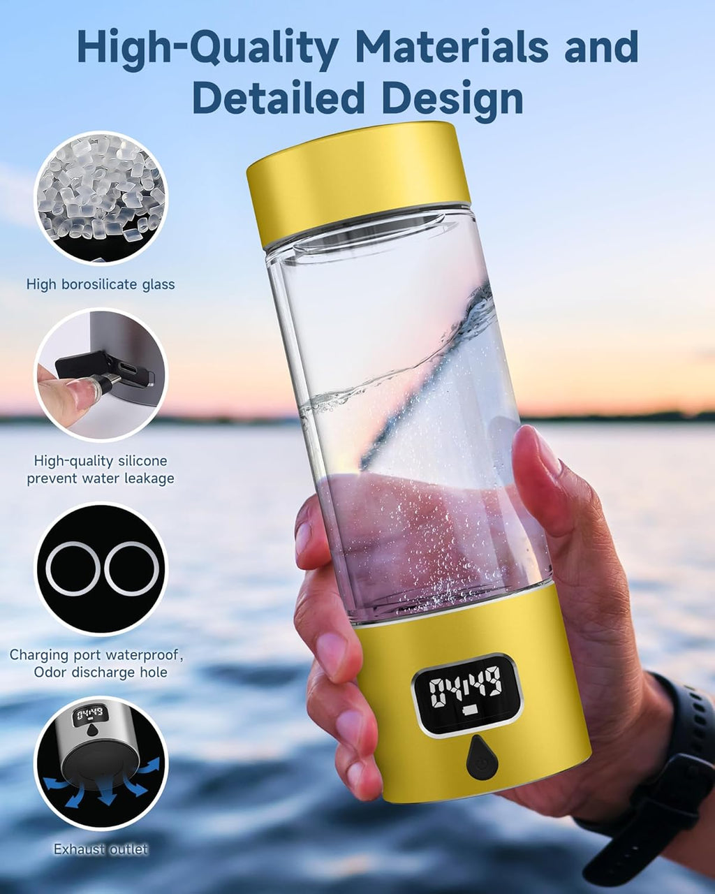 Hydrogen Water Bottle - Portable Rechargeable Water Bottle with LED Timer, Aluminum and Glass, 5000 PPB Hydrogen Production, Gift for Husband Wife Father Friend Client (Gold, 11.6Oz)