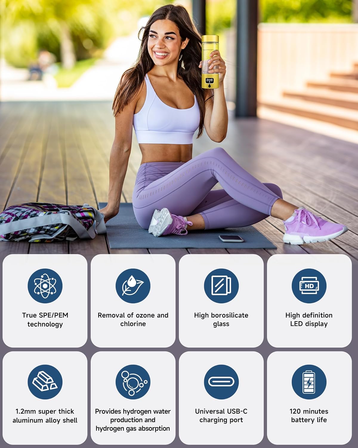 Hydrogen Water Bottle - Portable Rechargeable Water Bottle with LED Timer, Aluminum and Glass, 5000 PPB Hydrogen Production, Gift for Husband Wife Father Friend Client (Gold, 11.6Oz)