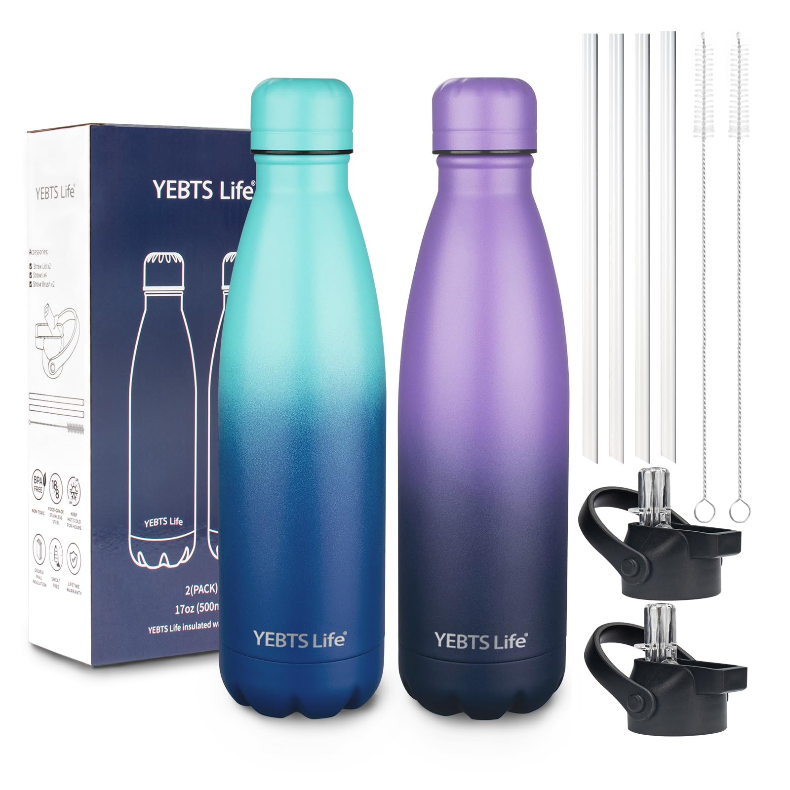 Insulated Water Bottle,12oz Stainless Steel Water Bottles with straw lid,Metal Sports Water Bottles for Boys,Girls,Double Wall Vacuum BPA-Free Flask for School, Sports & Travel-Sliver