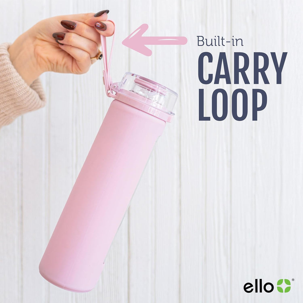 Ello Syndicate 20oz Reusable Glass Water Bottle with One-Touch Leak Proof Flip Lid, Protective Non-Slip Silicone Sleeve, Carry Loop for Coffee, Tea and Water, BPA-free, Dishwasher Safe, Tech Blue