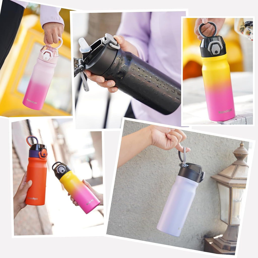 Insulated Water Bottle with Straw and Carry Loop,18 oz Stainless Steel Double Wall Vaccum Metal Water Flask with Leak-proof Lid,Rainbow