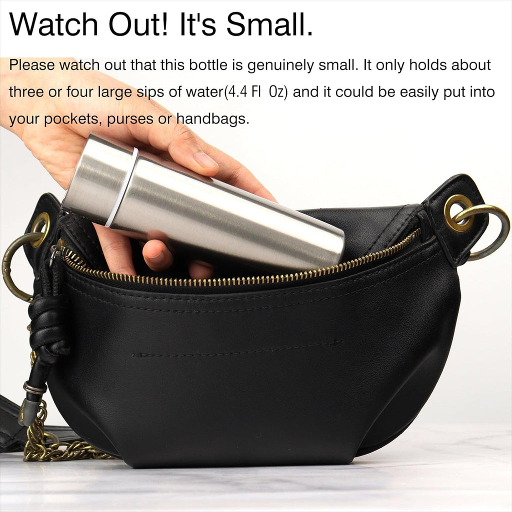 Cute Small Purse Water Bottle, 4.4 Fl. Oz, Mini Slim Flask for Kids Lunchbox, Portable Skinny Handbag Water Bottle, Vacuum Insulated Reusable Leak Proof Stainless Steel Cup