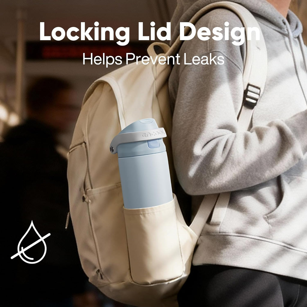 ENCOOL Leakproof Insulated Water Bottle with Straw Dual-Sip Water Bottle Bag-Safe Design for Work, Commute & Gym – Keeps Drinks Cold All Day, 24 oz, Powder Blue