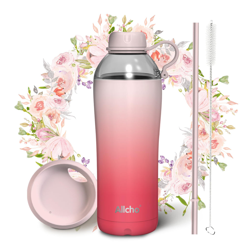 Insulated Water Bottle for Women, 24 oz Stainless Steel Water Bottles, Double Walled, 2 Lids (Chug & Tumbler) - Hydrate & Caffeinate,Available Gift Wrapping