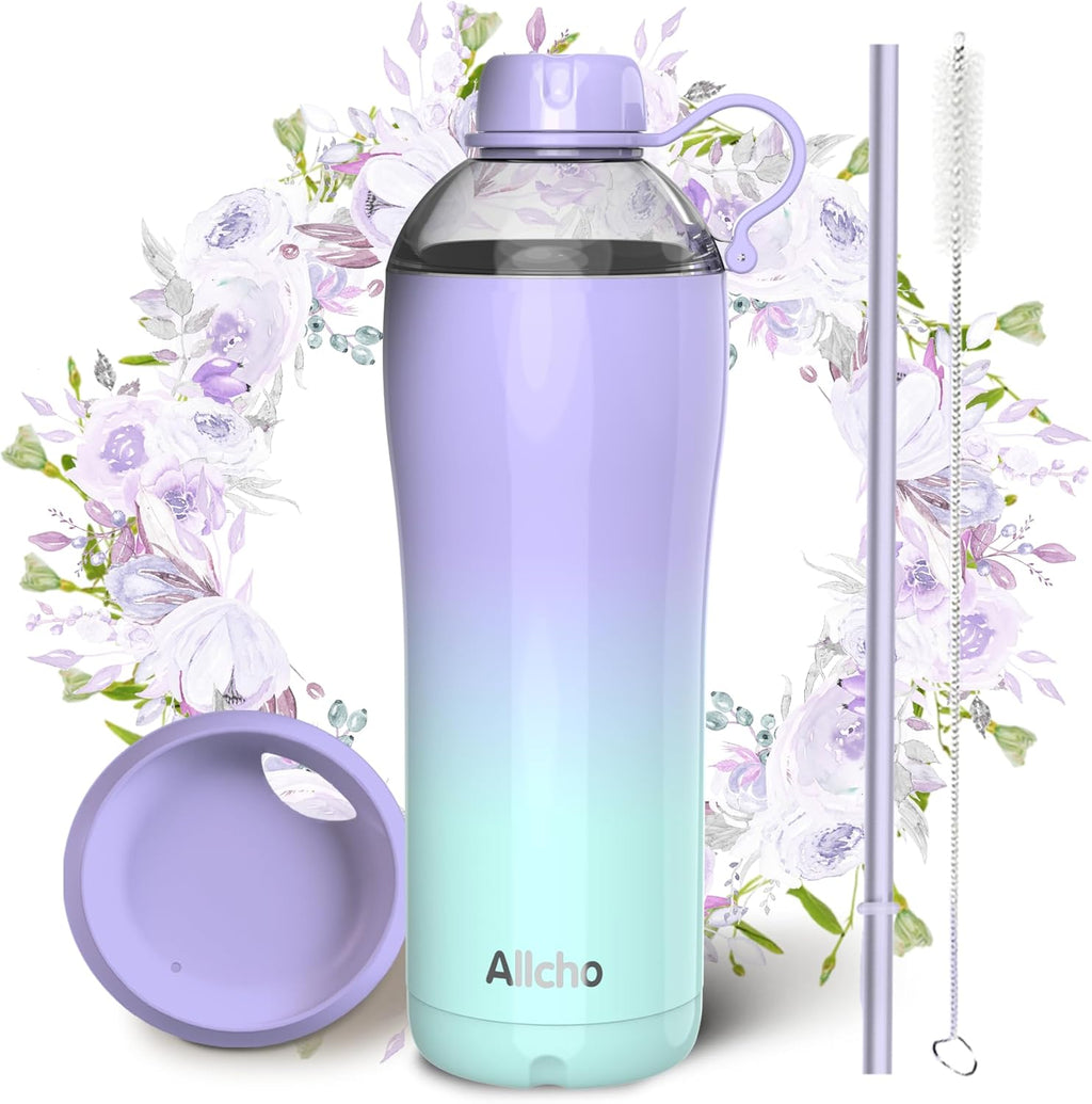 Insulated Water Bottle for Women, 24 oz Stainless Steel Water Bottles, Double Walled, 2 Lids (Chug & Tumbler) - Hydrate & Caffeinate,Available Gift Wrapping