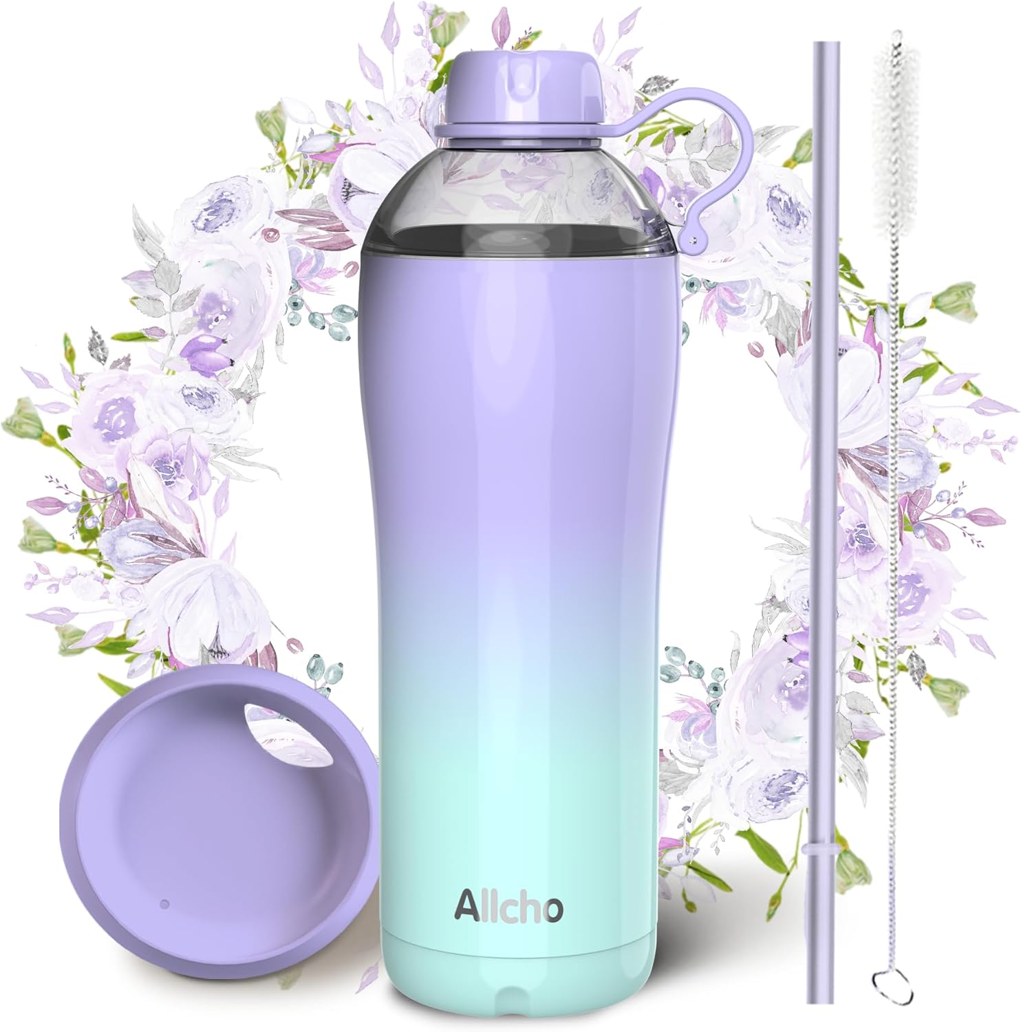 Insulated Water Bottle for Women, 24 oz Stainless Steel Water Bottles, Double Walled, 2 Lids (Chug & Tumbler) - Hydrate & Caffeinate,Available Gift Wrapping