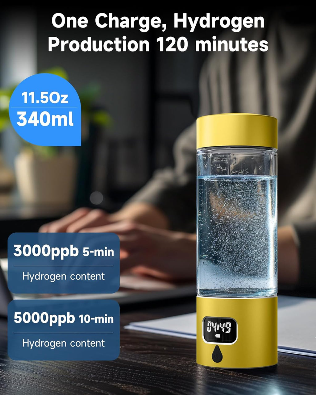 Hydrogen Water Bottle - Portable Rechargeable Water Bottle with LED Timer, Aluminum and Glass, 5000 PPB Hydrogen Production, Gift for Husband Wife Father Friend Client (Gold, 11.6Oz)