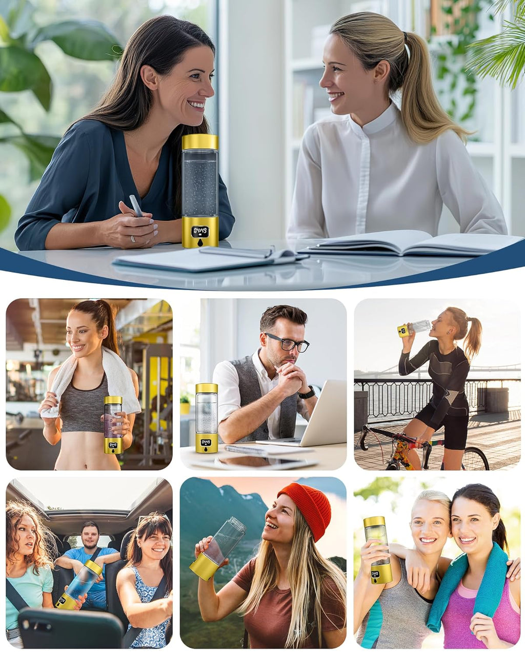 Hydrogen Water Bottle - Portable Rechargeable Water Bottle with LED Timer, Aluminum and Glass, 5000 PPB Hydrogen Production, Gift for Husband Wife Father Friend Client (Gold, 11.6Oz)