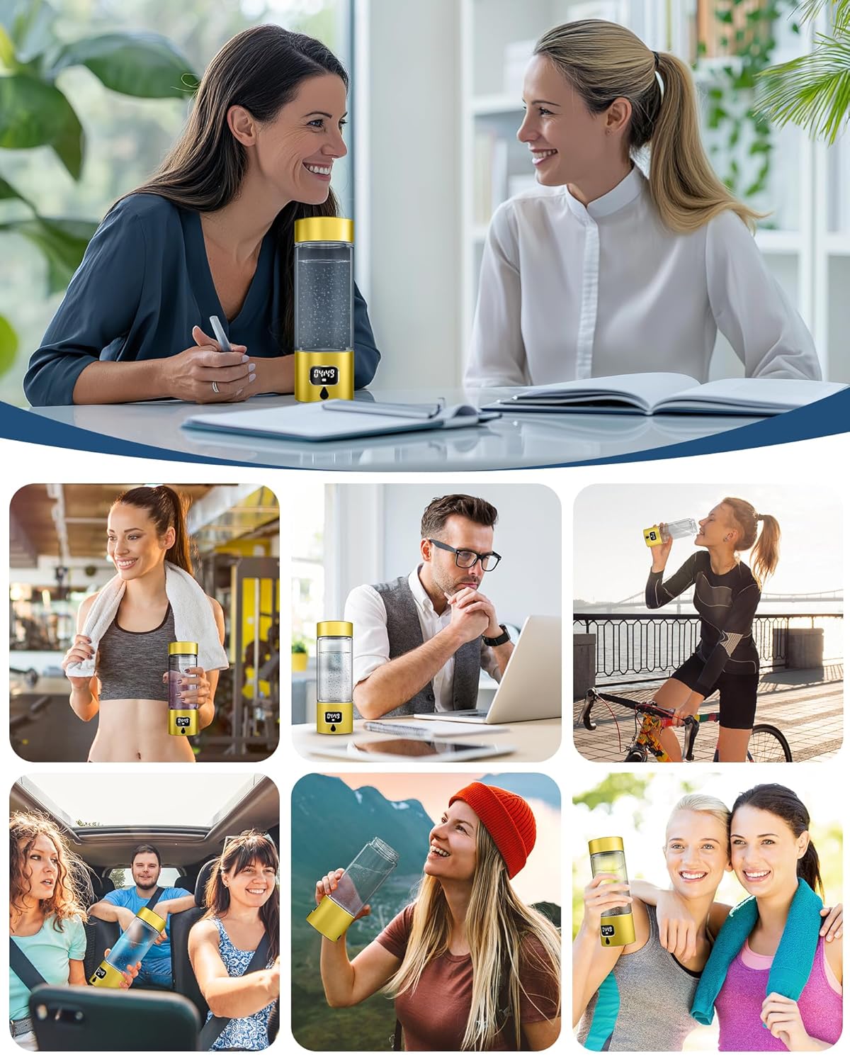 Hydrogen Water Bottle - Portable Rechargeable Water Bottle with LED Timer, Aluminum and Glass, 5000 PPB Hydrogen Production, Gift for Husband Wife Father Friend Client (Gold, 11.6Oz)