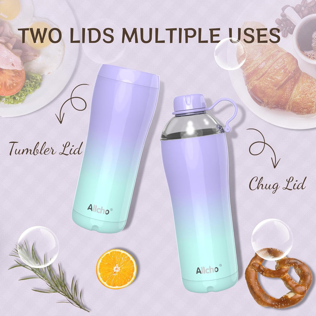 Insulated Water Bottle for Women, 24 oz Stainless Steel Water Bottles, Double Walled, 2 Lids (Chug & Tumbler) - Hydrate & Caffeinate,Available Gift Wrapping